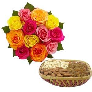 24 MIX ROSES BUNCH WITH 1 KG ASSORTED DRYFRUITS