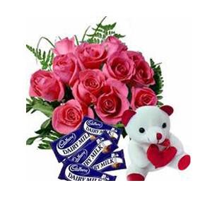 24 Pink Roses With Cadbury Dairy Milk And 6 Inch Teddy