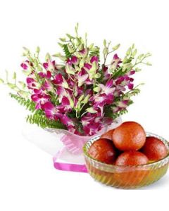 10 Orchid Stem with 1 KG Gulab Jamun