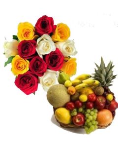 12 MIX ROSES WITH 2 KG FRUIT BASKET