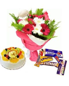 15 Mix Colours Flowers Bunch with 1 Kg Fresh Fruits Cake and Assorted Cadbury Chocolates