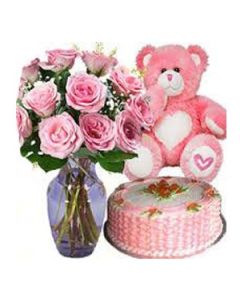 15 roses roses dans un vase de fruits, 1 kg de gâteau et 6 pouces peluche