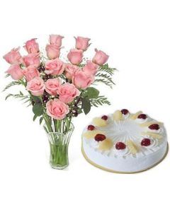 20 Pink Roses In Vase With 0.5 Kg Pineapple Cake