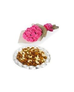 24 Pink Roses Bouquet With 1 Kg Mix Dryfruits 