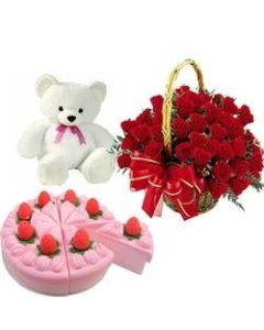 50 roses rouges panier accord avec 500 grammes de gâteau aux fraises et mignon ours en peluche