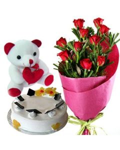 Bouquet de 12 roses rouges avec 500 grammes d'ananas gâteau et 6 pouces mignon ours en peluche