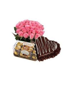 Bouquet Of 24 Pink Roses With Ferrero Rocher 24 Pieces And 1 Kg Heart Cake