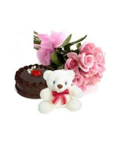 Bunch Of 12 Pink Roses With 1 Kg Chocolate Truffle Cake And 9 Inch Teddy