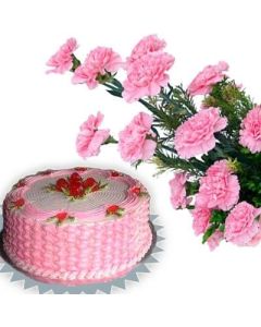 Bunch of 15 Pink Carnations along with 500 gms Fresh Cream Strawberry Cake