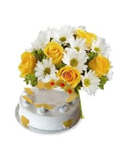 Bunch of White and Yellow Seasonal Flowers along with 500 gms Pineapple Cake