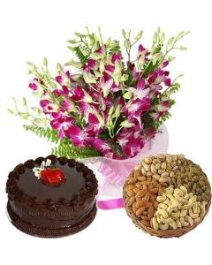 Purple Orchid 6 Stem With 1 KG Chocolate Cake and 500GM Mix Dryfruits