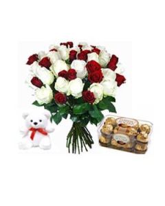 Red and white roses bunch 24 flowers with ferrero rocher chocolate and 6 inch teddy