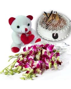 Un tas de 6 tige violet/bleu orchidées avec 500 g de gâteau forêt Noire et 6 pouces mignon ours en peluche