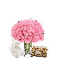 Vase Of 24 Pink Roses With Ferrero Rocher 24 Pieces And 6 Inch Teddy 