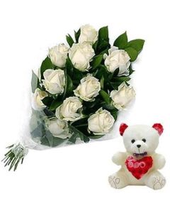 White Roses Bouquet 18 Stems With 6-Inch Teddy