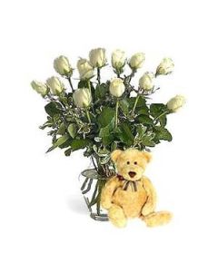 White Roses In Vase 18 Stocks With 6-Inch Teddy