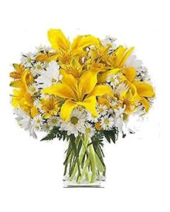 Yellow Lily And White Gerbera In Vase 20 Stems