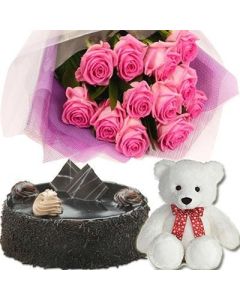 Bunch of 12 Pink Roses with a Small Teddy and 500 gms Lip smacking Chocolate Cake