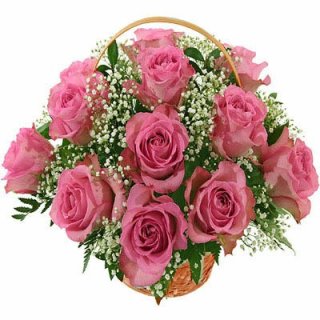 Pink Roses Basket 12 Flowers - Fresh Flowers Dubai