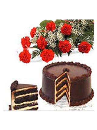 1 Dozen Red Carnations And Half Kg Chocolate Cake - Fresh Flowers Dubai