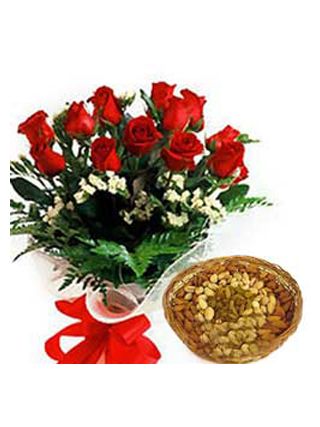 1 Dozen Red Roses with Half Kg Dry fruits ( Mixed Nuts) - Fresh Flowers Dubai