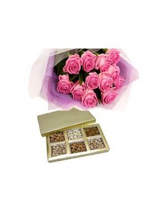 1 Kg Assorted Dry Fruits (Nuts) and 12 Pink Roses Bouquet - Fresh Flowers Dubai