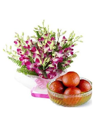 10 Orchid Stem with 1 KG Gulab Jamun - Fresh Flowers Dubai