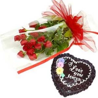  12 Red Roses With 1Kg Heart Shaped Chocolate Cake - Fresh Flowers Dubai