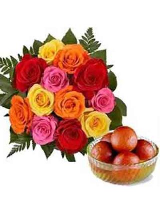 12 MIX ROSES BUNCH WITH 1KG GULAB JAMUN - Fresh Flowers Dubai