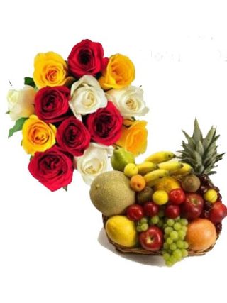 12 MIX ROSES WITH 2 KG FRUIT BASKET - Fresh Flowers Dubai