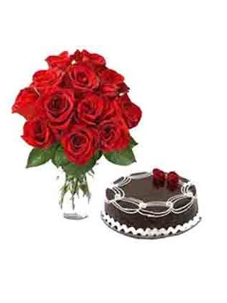 12 Red Roses in Vase N 500 Gm Black Forest Cake - Fresh Flowers Dubai