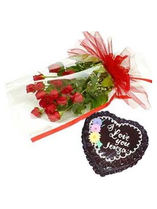  12 Red Roses With 1Kg Heart Shaped Chocolate Cake - Fresh Flowers Dubai