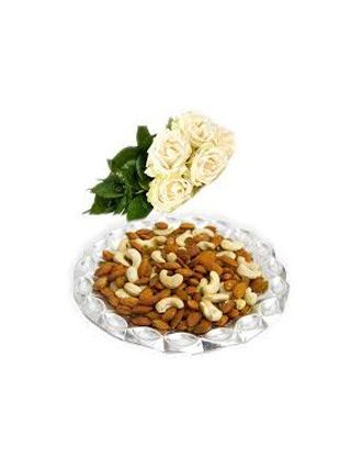 12 White Roses Bouquet With 1 Kg Assorted Dryfruits - Fresh Flowers Dubai