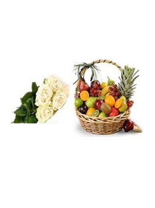 12 White Roses Bouquet With 1 Kg Fruit Basket - Fresh Flowers Dubai