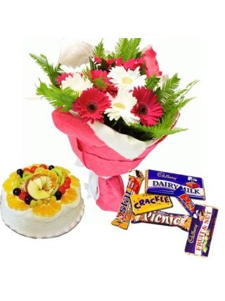 15 Mix Colours Flowers Bunch with 1 Kg Fresh Fruits Cake and Assorted Cadbury Chocolates - Fresh Flowers Dubai