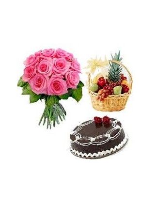 15 Pink Roses Bouquet With 1 Kg Fruits Basket And 1 Kg Chocolate Cake - Fresh Flowers Dubai