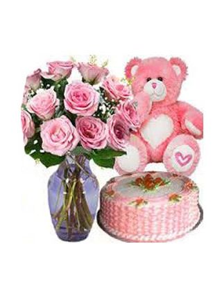 15 Pink Roses in Vase with 1 Kg Fruit Cake and 6 Inch Teddy - Fresh Flowers Dubai