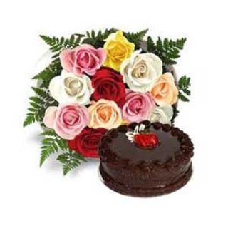 18 MIX ROSES WITH 1 KG CHOCOLATE CAKE - Fresh Flowers Dubai