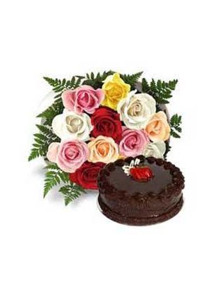 18 MIX ROSES WITH 1 KG CHOCOLATE CAKE - Fresh Flowers Dubai