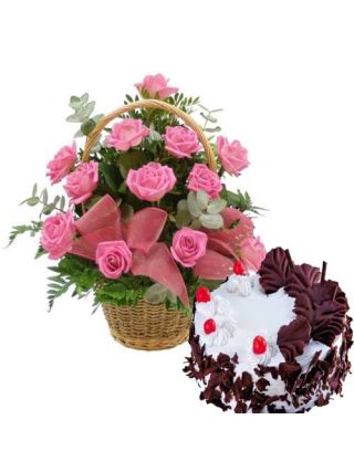 18 Pink Roses Basket With 1 Kg Black Forest Cake - Fresh Flowers Dubai