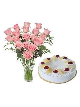 20 Pink Roses In Vase With 0.5 Kg Pineapple Cake - Fresh Flowers Dubai