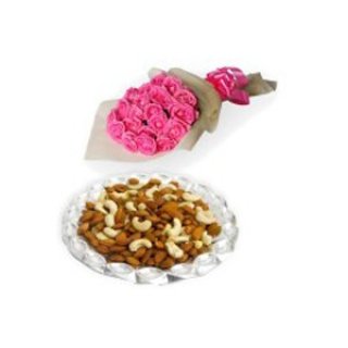 24 Pink Roses Bouquet With 1 Kg Mix Dryfruits - Fresh Flowers Dubai