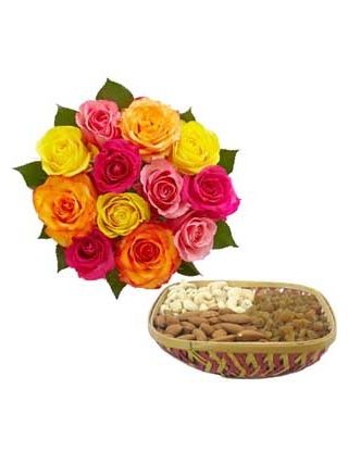 24 MIX ROSES BUNCH WITH 1 KG ASSORTED DRYFRUITS - Fresh Flowers Dubai