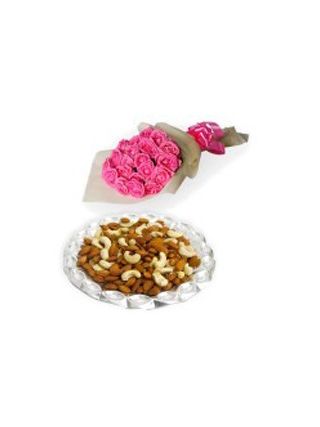 24 Pink Roses Bouquet With 1 Kg Mix Dryfruits - Fresh Flowers Dubai