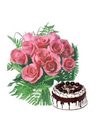 24 Pink Roses Bunch With 1 Kg Black Forest Cake - Fresh Flowers Dubai