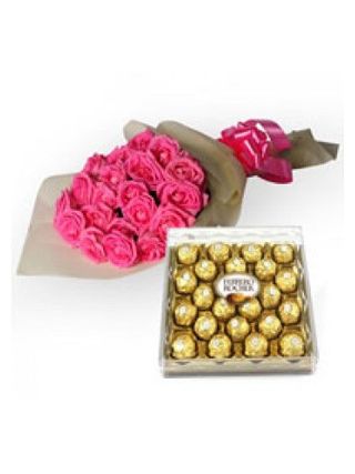 24 Pink Roses With 24 Pcs Ferrero Rocher - Fresh Flowers Dubai