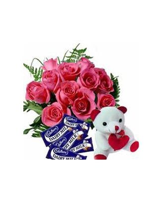 24 Pink Roses With Cadbury Dairy Milk And 6 Inch Teddy - Fresh Flowers Dubai