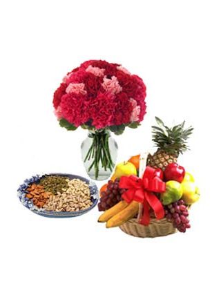 24 Red and Pink Carnation in Vase with 500 Gm Mix Dryfruits N 2 Kg Fruit Basket - Fresh Flowers Dubai