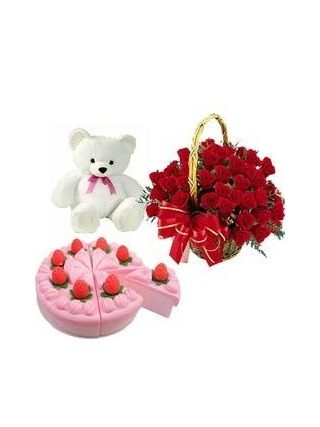 50 Red Roses Basket Arrangement with 500 gms Strawberry Cake and Cute Teddy Bear - Fresh Flowers Dubai