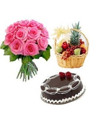 A Dozen Pink Roses Bouquet With 1 Kg Fruit Basket - Fresh Flowers Dubai